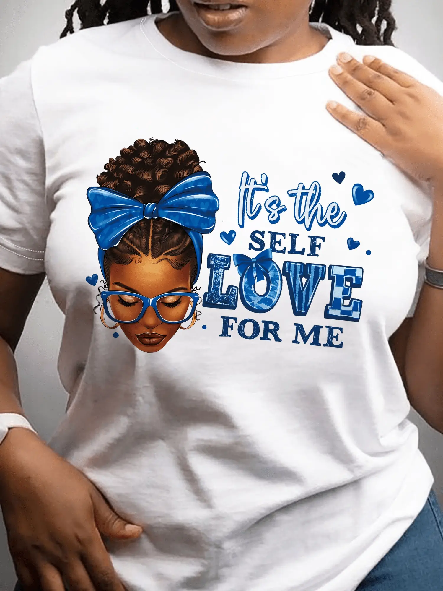 Chic Women's Casual Short Sleeve T shirt Featuring Motivational Quotes and Portrait Print Versatile All Season Top in White with Blue Lettering