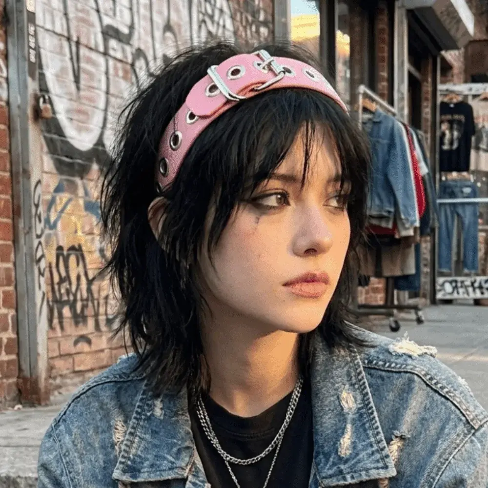 Y2K Leather Buckle Punk Rivet Hairband Dark Black Vintage Gothic KC Headband Fabric Band Matte Color Leather Hair Hoop Women