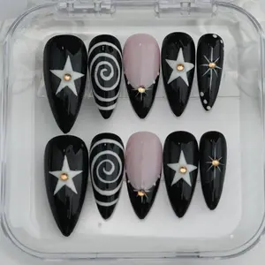 Black Starburst Press On Nails, French Stripe Cat Eye Nails, Y2K Swirl Nails, Dark Aesthetic Nails, Handmade Gel Nails, Full Cover Nail Set