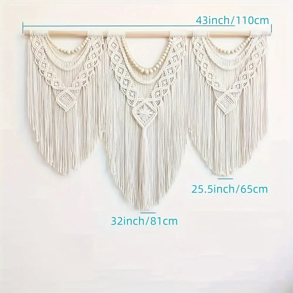 One Piece of a Large Bohemian Macrame Wall Hanging, a Hand- Tapestry for Home Decoration, Suitable for Bedrooms, Living Rooms, And Wedding Parties, Measuring 43 Inches by 32 Inches.