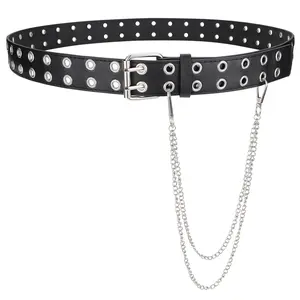BELTROAD Man Women Double Grommet Studded Belts, Black Leather Belt for Women Men Punk belt Y2k