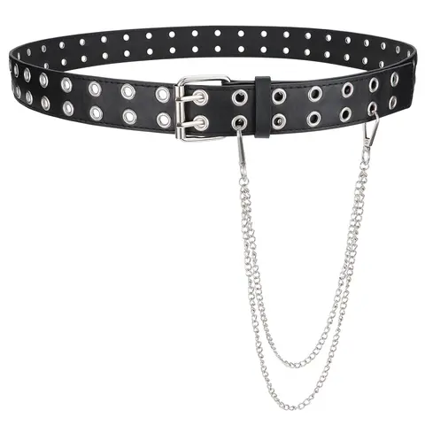 BELTROAD Unisex Double Grommet Studded Chunky Belt - Black Leather Street Style Studded Waist Belt with Metal Buckle, Stylish Waistband for Punk Y2k Looks