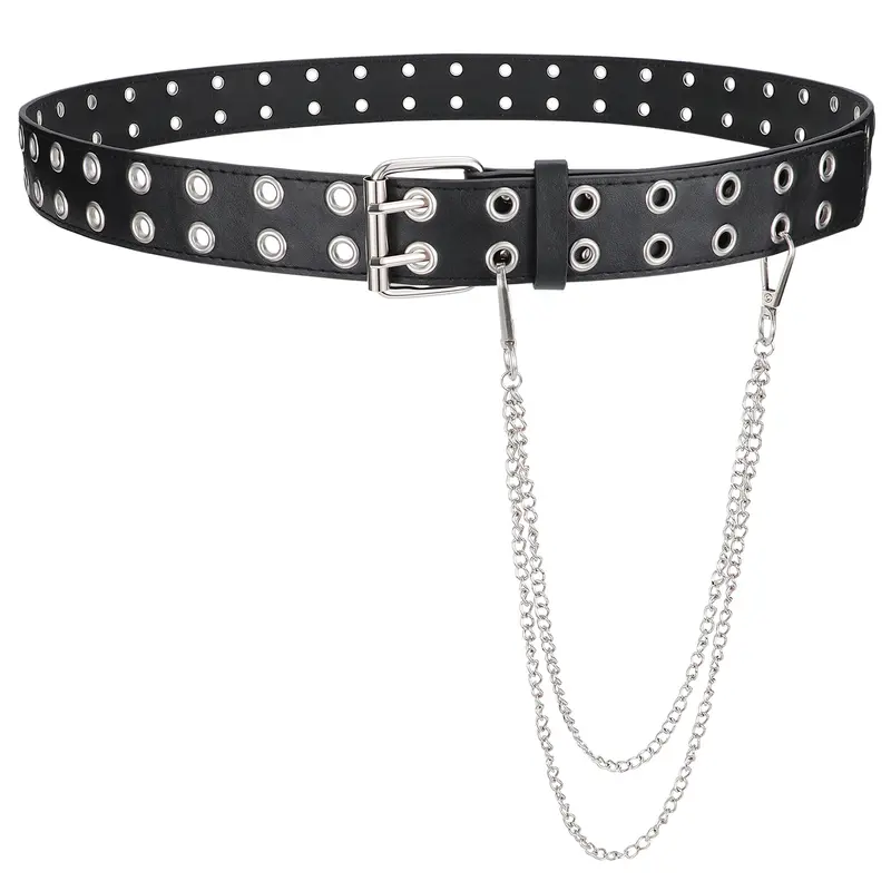 BELTROAD Unisex Double Grommet Studded Chunky Belt - Black Leather Street Style Studded Waist Belt with Metal Buckle, Stylish Waistband for Punk Y2k Looks