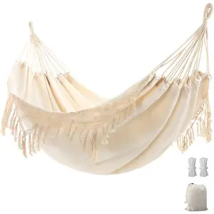 Boho Macrame Hammock with Elegant Tassels for Patio Yard Beach Wedding Decor, Indoor Outdoor Use, Holds Up to 450lbs, Includes Tie Ropes and Drawstring Bag