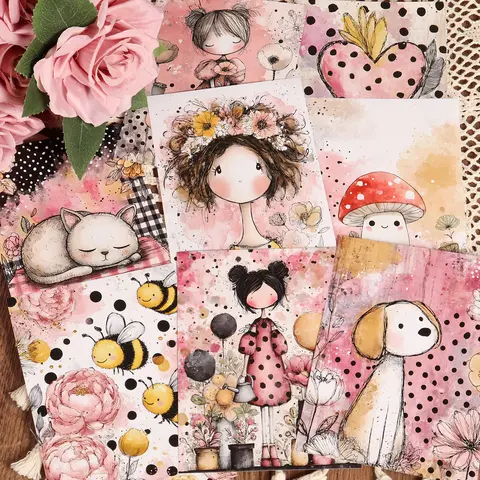 32sheets Vintage Yellow Pink Black Dots Girls DIY Junk Journal Paper, Patterned Papers, for Scrapbooking Supplies, Picture Frame Decoration, Gift Wrapping Paper, Holiday Decorations, Collage Decoration, Craft Enthusiasts, Paper Craft, Card Making