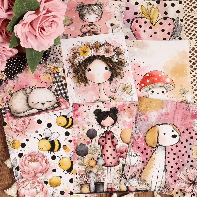 32sheets Vintage Yellow Pink Black Dots Girls DIY Junk Journal Paper, Patterned Papers, for Scrapbooking Supplies, Picture Frame Decoration, Gift Wrapping Paper, Holiday Decorations, Collage Decoration, Craft Enthusiasts, Paper Craft, Card Making