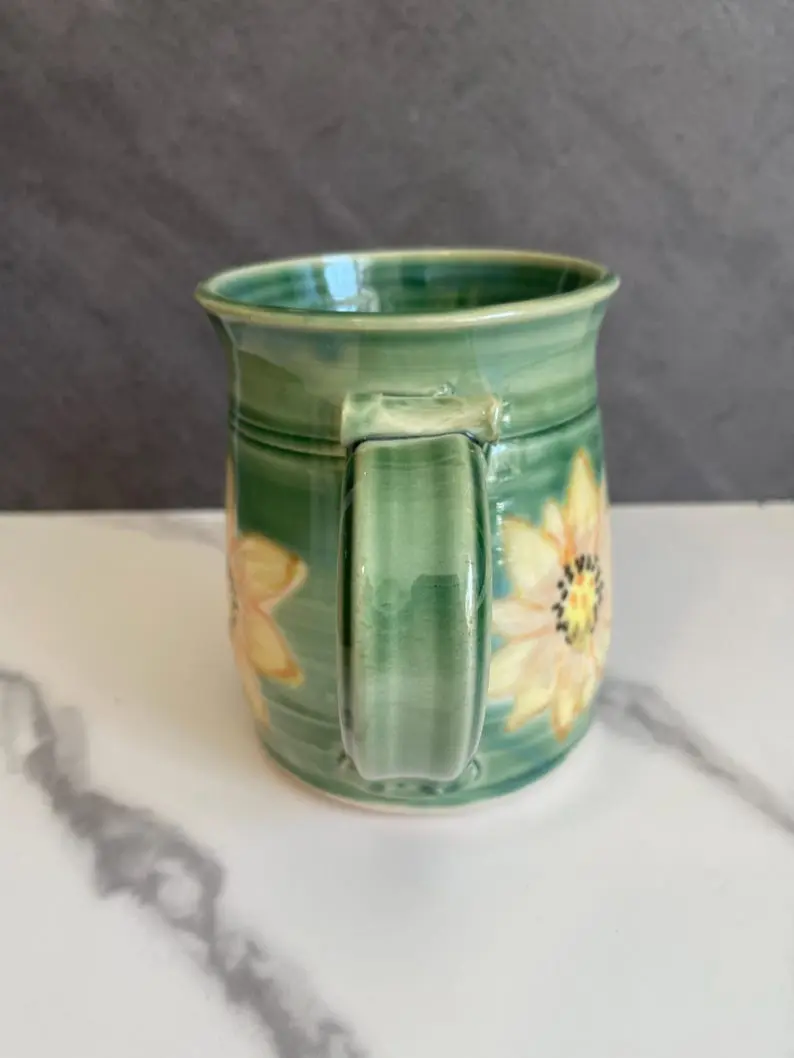 Handmade Fall Flower Mug – Wheel Thrown Ceramic Pottery Cup with Hand Painted Floral Design