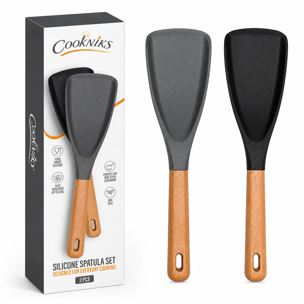 2PCS Silicone spoon set, Turner Spatula Set, Non Stick Spatulas With Wooden Handle, Heat Resistant Kitchen Utensils For Natural Teak Cooking