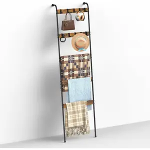 Blanket Ladders for the Living Room 5 Tier Towel Ladder for Bathroom with 10 Removable Hooks Wall Leaning Quilt Rack for Bedroom Display Rustic Farmhouse Home Decor, Rustic Brown