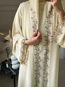 Pure Color Floral Print Long Sleeve Cardigan, Simple Elegant Fashion Versatile Casual Robe with Headscarf, Women's Stylish Loungewear Traditional Arabic Robe