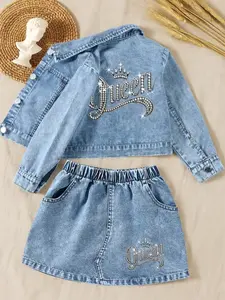 Girls' 2-Piece Set Denim Jacket & Skirt, Queen Crown Pattern, Long Sleeve Fitted Casual Style, Perfect for Outdoor Activities