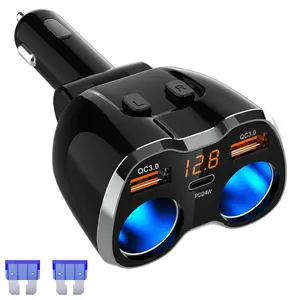 150W 2-Socket Car Cigarette Lighter Splitter Adapter - Dual Quick Charge 3.0 and 20W Power Delivery Type-C Ports with ON/Off Switch - Universal Car Charger for iPhone, iPad, Android, Dash Cam and More Devices Dvr Led Display
