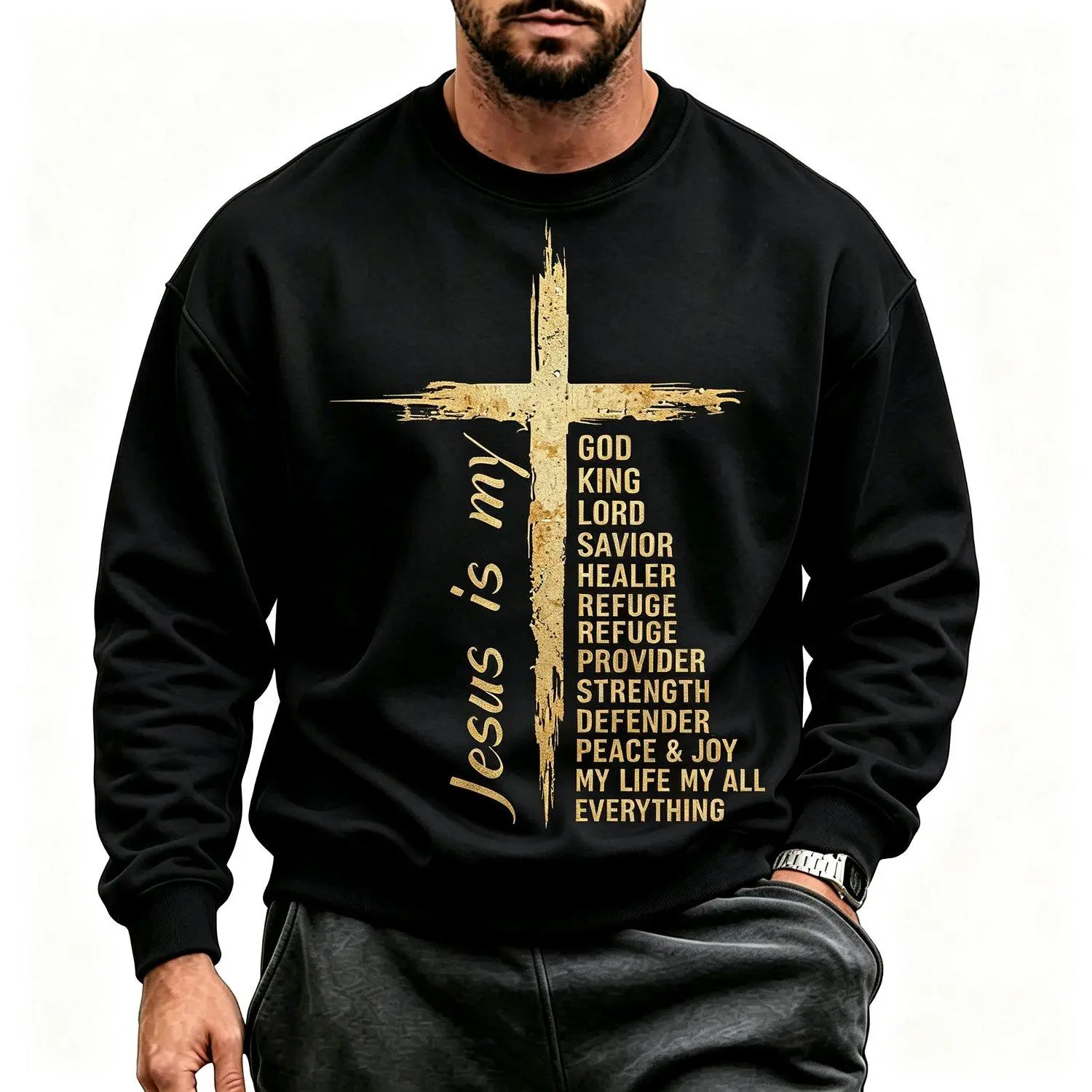 Christian Cross Scripture Graphic Faith Inspired Religious Quote Print Long Sleeve Crewneck Pullover for Church Worship Sunday Service Bible Study Christian Dad Husband Sweatshirt