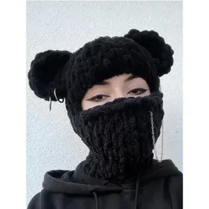 Women’s street-style braided design winter hat with bear ear decor, casual fitted beanie, trendy knitted balaclava for fall and winter, fashion accessories for women and girls, gift ideas for women