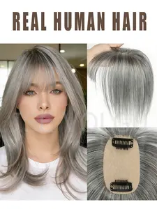Hair Toppers for Women Real Human Hair, Human Hair Extensions, Clip in Bangs Wig With Bangs Natural Skin Scalp Thinning or Loss Top Pieces 360° 3D Topper Base With ThinningHair Cover Gray Roots Add Volume for Halloween Christmas Party