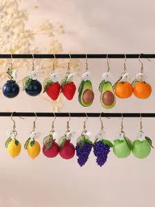 8 kinds of cute three-dimensional fruit, lemon, strawberry and other flower earrings, fresh summer beach style, Chinese style, colorful creative earrings, women's fashion jewelry, simple style, alloy ear hooks, suitable for all year round