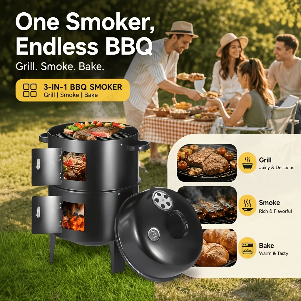 16.5-in Portable Lightweight 3-in-1 Upright Charcoal Smoker-Grill, Multi-tier with Thermometer, Vents, 2 Access Doors, Ideal for Backyard Gatherings, Barbecues, BBQ Gift for Men