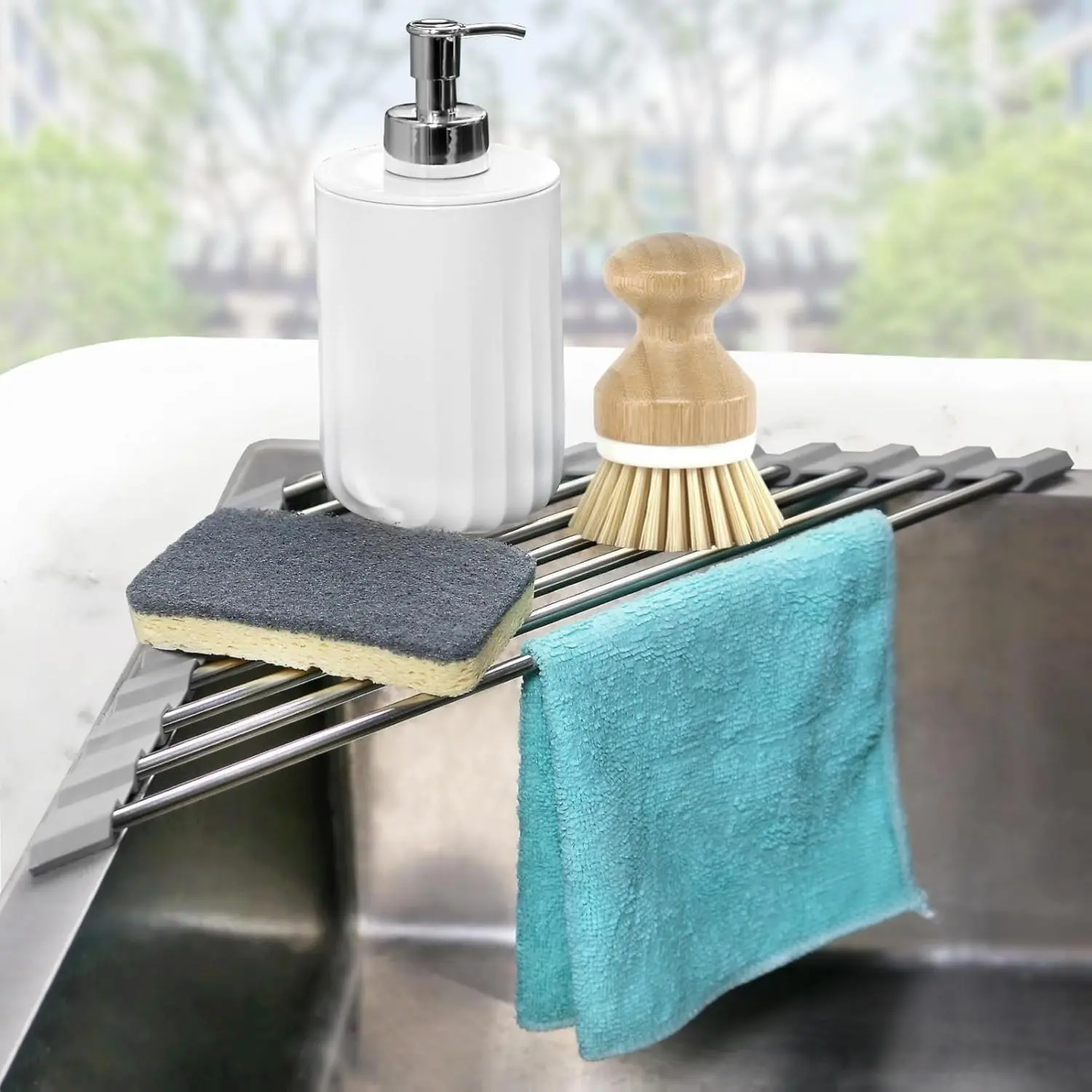 Stainless Steel Gray Kitchen Corner Storage Caddy - Bottom Length: 16" Triangle Countertop Dish Drying Rack with Silicone Drainage Mat, Sponge Holder, Dish Brush Holder, Strainer, Roll-Up Steel Bars, Space-Saving Organizer for Double Sinks, Fruits