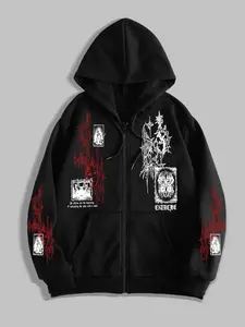 Gothic Style Original Print Zip Hoodie, Long Sleeve, Casual Street Fashion, Perfect for School, Fall & Winter Fitted Graphic Pullover Sweatshirts