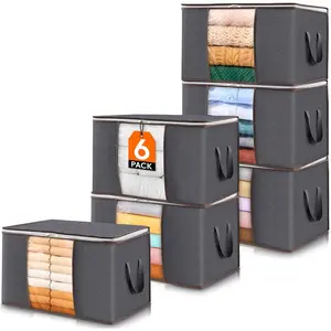 6 Pack Clothes Storage Bins with Lids, Foldable Blanket Storage Bags with Zippers, Clear Window and Reinforced Handles, Closet and Organization for Clothing, Sweater, Comforter, Bedding, Gray Organiser Steel sample bag Cabinet Containers Drawer