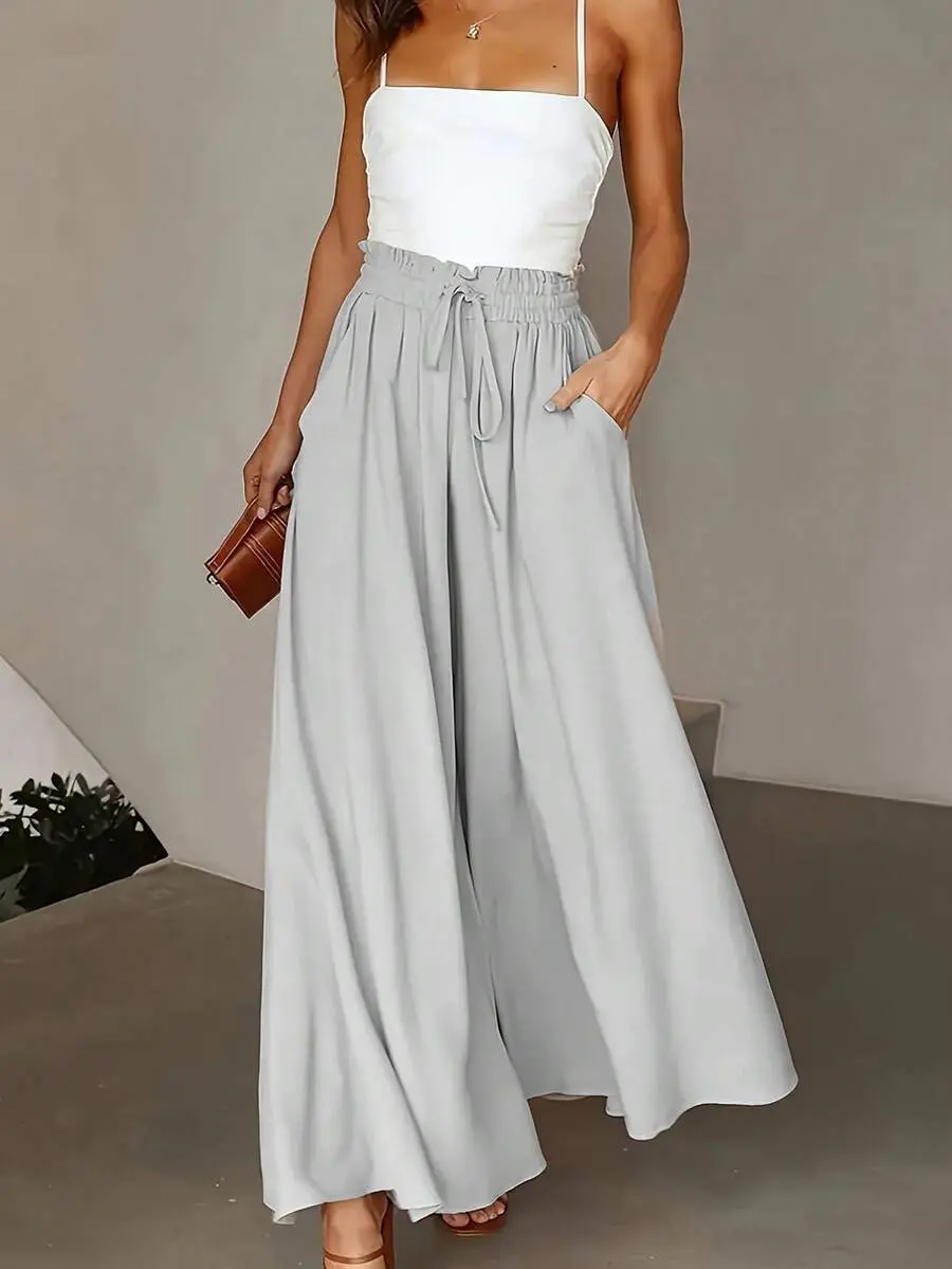 Plus Size Women Frill Trim Tie Waist Pocket Wide Leg Culottes Casual Spring