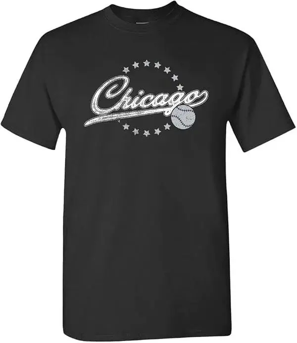 Men's Chicago Baseball Fan Retro Crew Neck T-Shirt - Soft Breathable Cotton, Vintage Star Ring Script Graphic, Loose Sweat-Wicking Fit, Short-Sleeve Sports Top for Stadium Tailgate Daily Casual Wear