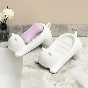 Cute Cat Design Soap Dish, 1 Count Soap Bar Holder with Drain Hole, Durable Non-slip Soap Holder for Sink & Bathtub, Bathroom Supplies