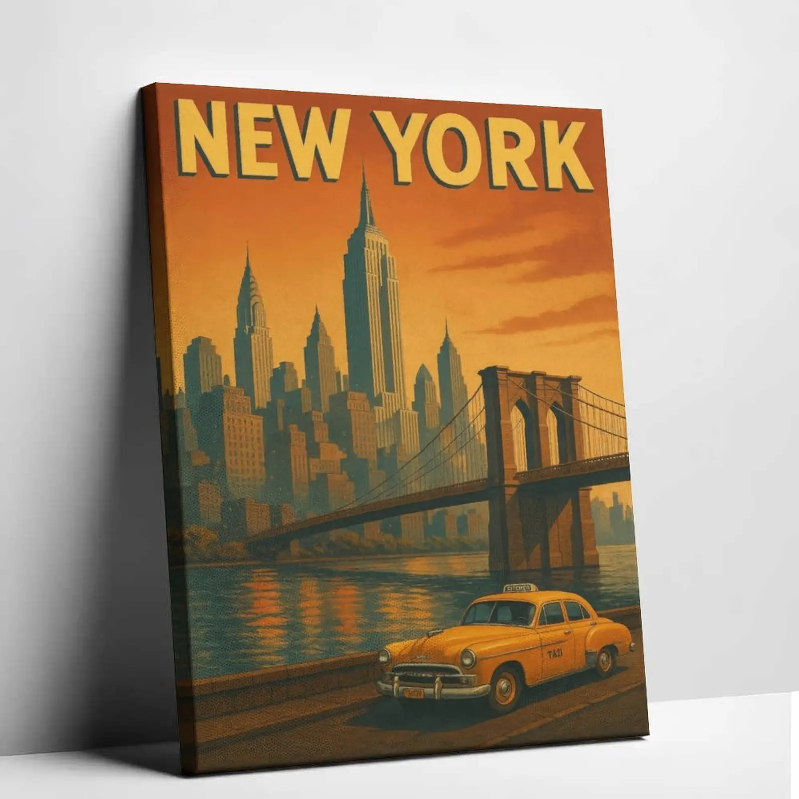 Artistic Vintage New York City Canvas Photo Print - Retro Brooklyn Bridge, Yellow Taxi, Building Skyline Wall Art, Home Supplies for Living Room, Bedroom Room Inspo