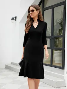Women's V-Neck Long Sleeve Fitted Dress, French Style Casual Wear Cross-Border Fashion, Spring Summer 2026 Trendy Elegant Women's Clothing