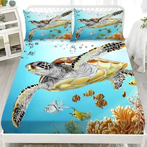 Fitted Sheet 3-Piece Set - 2D Flat Printed Blue and Yellow Turtle Underwater Pattern Mattress Covers, Available in 10 Sizes (1 fitted sheet + 2 pillowcases, no insert). skin-friendly and breathable bedding, suitable for family bedrooms .