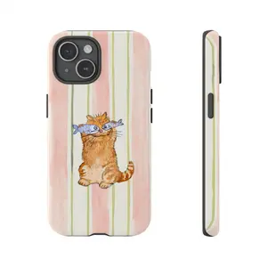 Cute Orange Cat Phone Case with Fish – Pastel Pattern Protective Cover, Gift for her, Gift for him, many background, Cartoon Phonecover, Ocean Protection Shell