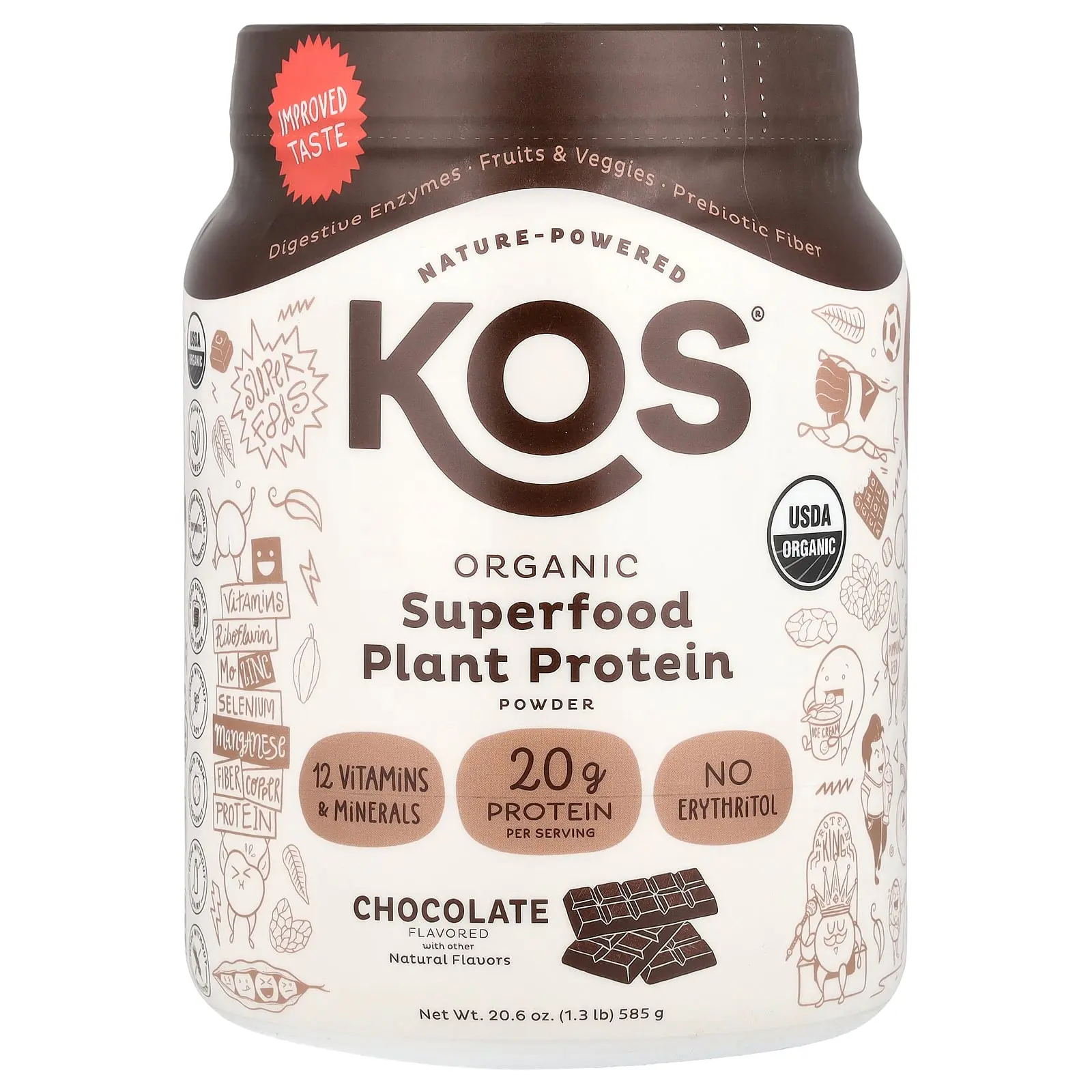 KOS Organic Superfood Plant Protein Powder, Chocolate, 1.3 lb (585 g)