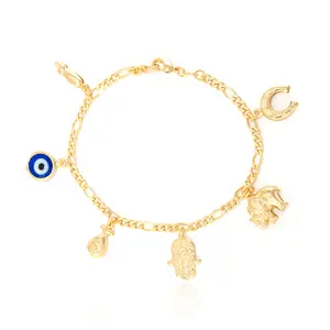 Women Lucky Charms Bracelet with Blue Evil Eye Figa Hand Hamsa Elephant Horseshoe