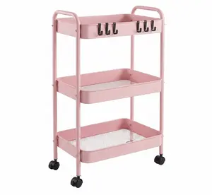 3-Tier Rolling Cart, Metal Utility Cart with 6 Hooks Storage Cart on Wheels Craft Cart with Handle for Organizer Storage for Classroom Office Dorm Home Pink and white