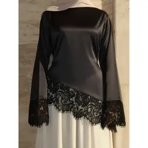 Women’s Satin Blouse with Lace Trim and Tie-Back, One Size, Comfortable #MS624