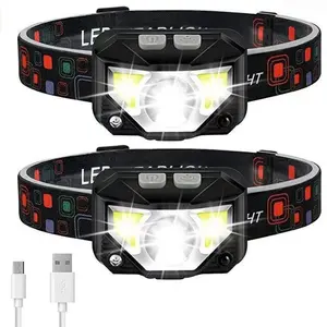 USB Rechargeable Sensor Headlamp with Red Warning Light, 6 Modes XPG/COB Strong LED, IPX5 Waterproof, Adjustable 60° for Night Fishing & Outdoor Work