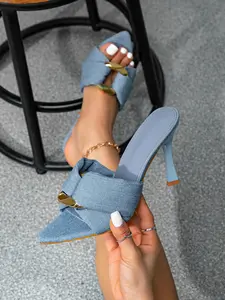Women's Blue Pleated Metal Buckle High Heel Sandals, Pointed Toe Design, Slim Heel, Elegant Footwear for Special Occasions