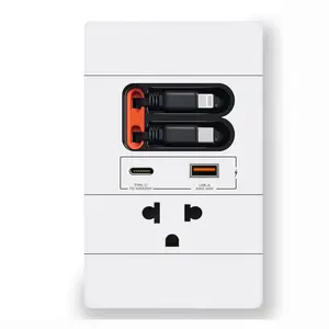 Wall Outlet with 20W Retractable USB C/Lightning Cables, Wall Outlet for Bedside/Wall Mount tv/Sofa Table