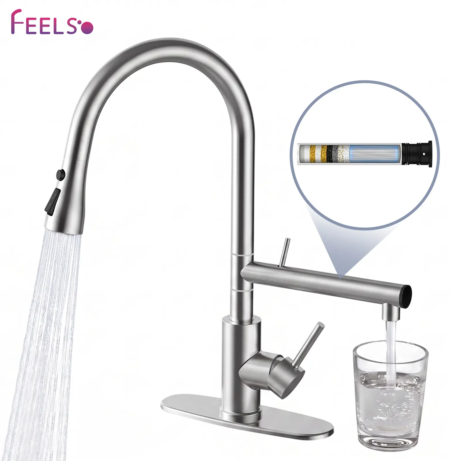 FEELSO Kitchen Faucets, Upgraded Filter Water Kitchen Faucet with Pull Down Sprayer, Brushed Nickel Stainless Steel High Arc 1 Or 3 Hole Kitchen Sink Faucet for Remove Lead, Chlorine, Bad Taste & Odor