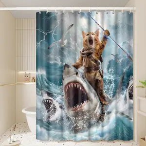 1pc Epic Orange Cat Shark Rider Fantasy Printed Shower Curtains with Plastic Hooks Shower Curtain for Bathtub Bathroom, Suitable for Home and Hotel Machine Washable Bathroom Decor as Best Gifts for Friends and Fantasy Lovers