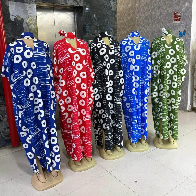 Elegant African Boubou Dress for Women - Retro Circle Print Kaftan Maxi Gown, Loose Fit Batwing Sleeve Bubu Dress with Matching Scarf