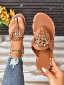Summer Women's T-Strap Leather Sandals with Metal Decoration, Flat Open-Toe Ring Buckle Sandals for Casual Wear
