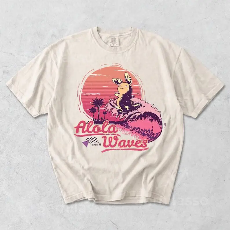 Alola Raichu Waves Graphic T-Shirt Retro Surfing Anime Tee Vintage Beach Sunset Aesthetic Streetwear Merch