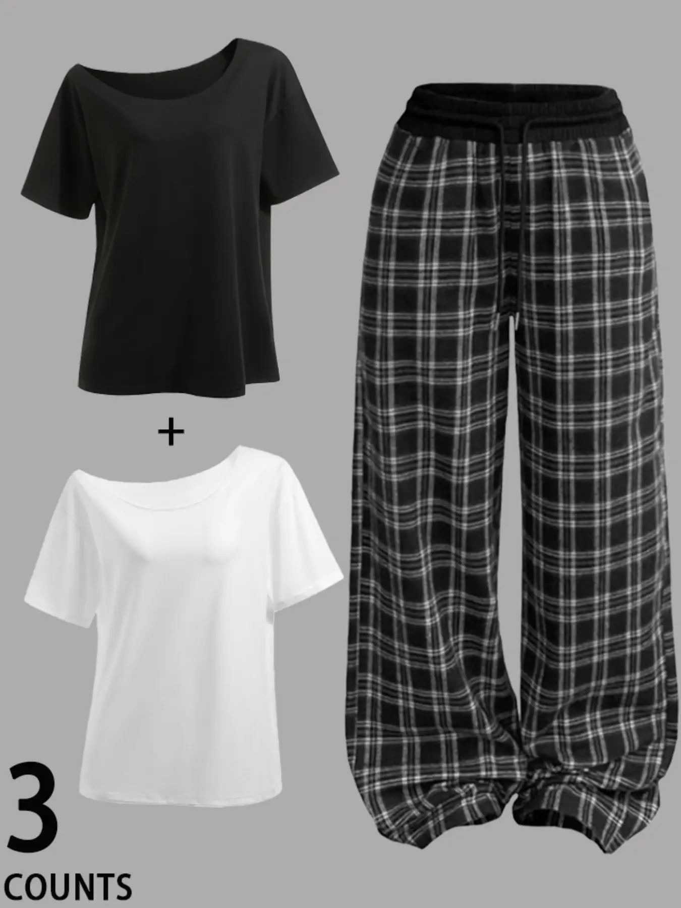 Women's Fashion Womenswear Plain Shoulder-Off Loose Fit T-Shirt Top & Plaid Straight Leg Longline Pants Set, Casual All Seasons
