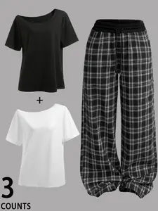 Women's Fashion Womenswear Plain Shoulder-Off Loose Fit T-Shirt Top & Plaid Straight Leg Pants Set, Casual All Seasons