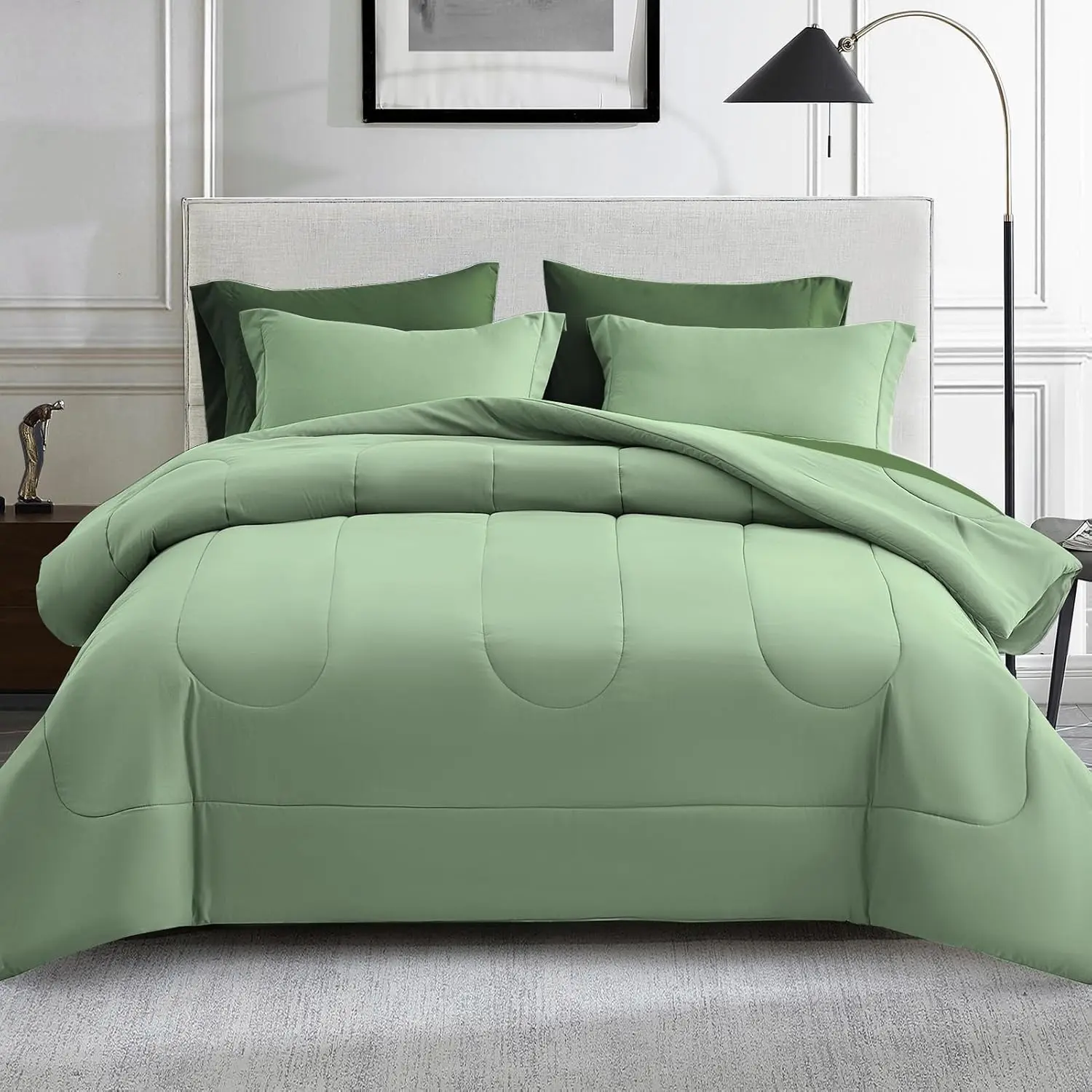 7-Piece California King Size Synthetic Down Alternative Comforter Set - Durable, Machine Washable, Year-Round Sleep All Seasons Contemporary Bedding Collection, 1 Bundle with Polyester Cover, Pillowcases, Shams, Duvet Insert, Sage Green