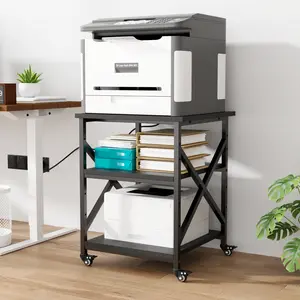 VOWNER Large Printer Stand with Power Outlet, 23.6 L x 23.6 W x 30.2 H inches, Heavy Duty 3 Tier Rolling Printer Cart with Height Adjustable Storage Shelves, 360° Lockable Wheels for Home Office