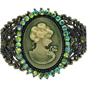 Stunning Vintage Inspired Burnished Gold Statement Victorian Elegance Metal Frame Hinged Cuff Bangle Bracelet, 6.75" (Green Cameo)