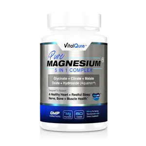 Pure Magnesium™ 5-in-1 Complex Magnesium Supplement, Natural Calm Magnesium Capsules for Sleep Support, Muscle Recovery, and Magnesium Citrate, Malate, Oxide, Hydroxide and Glycinate, High Absorption, Vegan, Non GMO (60 Count)