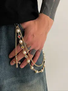 Men's Vintage Luxury Floral Pearl Chain Belt, Trendy Belt, Colorful Gemstone Embellished Waist Accessory, Fashionable Retro Style for All Seasons, Trendy Exquisite Belt